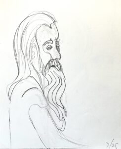An older man stands on the left side of the page. He sports longer than shoulder length hair and a beard as long. His moustache blends into his long beard at some point.He wears a long sleeved shirt. There are contour lines in his moustache, beard and hair.