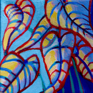 A rather translucent, yet colorful plant leaves are outlined in blue and red are attached to thin, blue stems and a dark blue patch that culminates on the lower right hand side. The top right of the canvas has the thickest grouping of leaves, where as the top left and lower left corners are more sparse. the light blue background can be seen behind the leaves much more than the others.