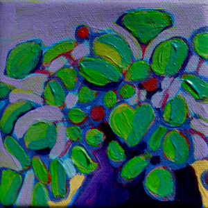 A green plant with three red berries grows inside a dark purple vase (that continues off the bottom of the canvas) against a lavender background and a muted yellow table. The green leaves of the plant are mostly rounded, some are heart shaped. they are all connected together by thin, red lines and punctuated by three red berries.