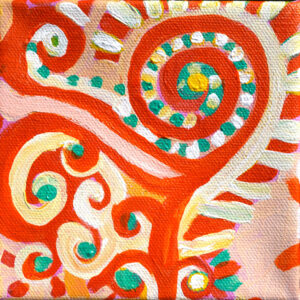 "Life Force Kuna -Kuna Spiral Painting-Abstract Maori Fern (orange, Green, White)" is a 5" x 5" mini painting in the Maori tradition from New Zealand. Kunas are derived from unfurled ferns signifying new life, growth and new beginnings. The painting begins as a tight, orange Spiral, taking up the upper right hand Quarter of the canvas. Inside the spiral are white and green slashes, representing new leaves. surrounding that main image are orange tendrils stretching away from that area. the tendrils (in orange), continue off the canvas.