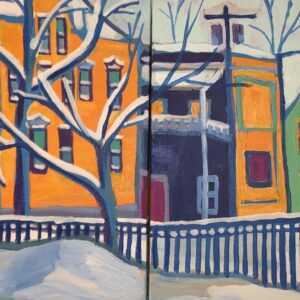 A colorful and wintry city scene shows several new englander homes, some with porches, and an antique apartment building on a snowy road. In the foreground a blue metal fence is mostly buried in snow. three trees areon the lefthand panel. There is a telepphone pole infront of one of the descending homesgoing down an adjacent road in the scene. Snow sits on every rooftop and above every window, Main colors are blue, orange, purple and green.