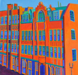 A large painting of a large Queen Anne apartment block. The building is bright orange and the windows are blue. Warm light and cool shadows. There are beautiful, old details on the building to make it different and special, especially on the top windows.