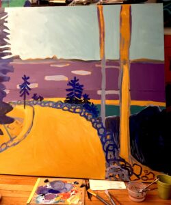 a painting of a mountain road overlooking the ocean and islands thereon.